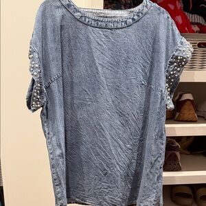 Pearl-Trim Light Blue Denim Blouse